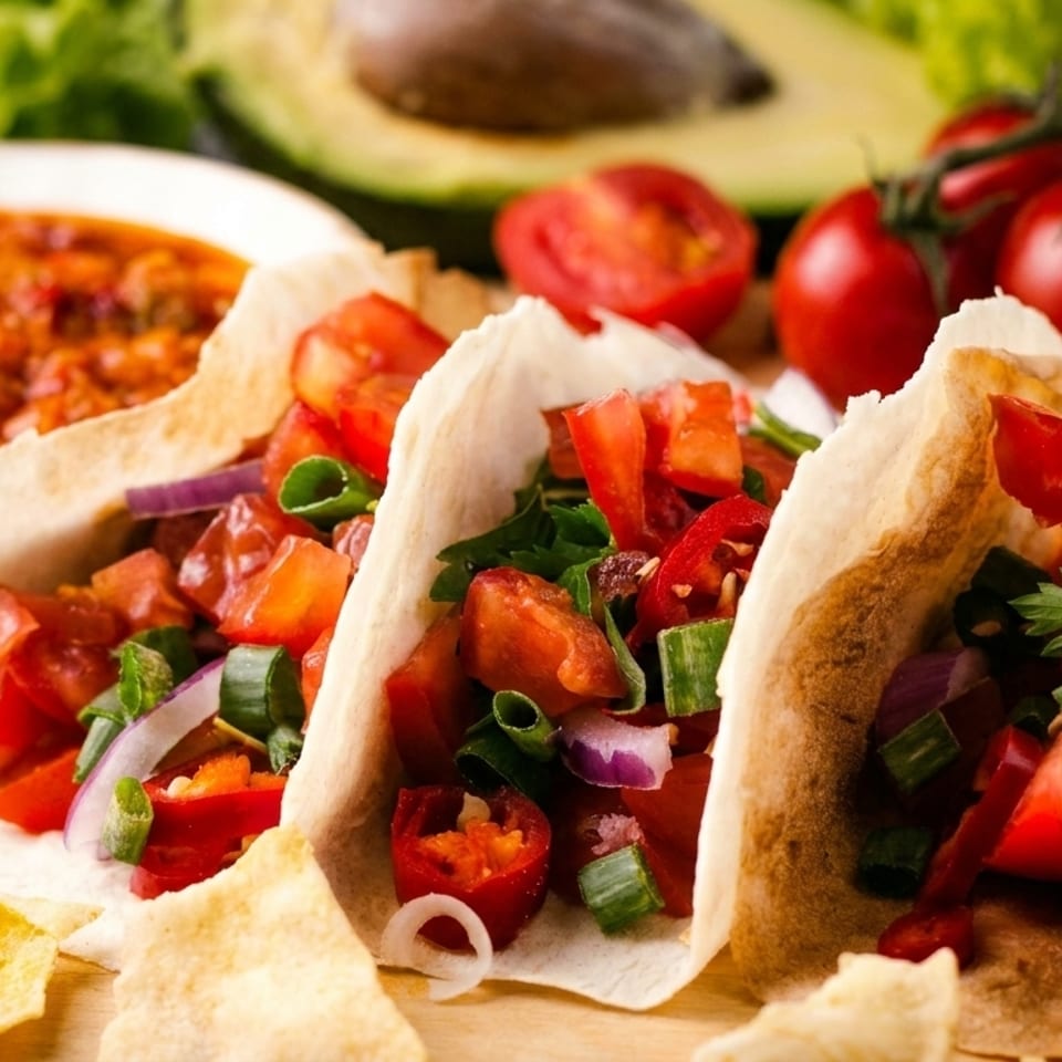 Three fresh tacos filled with diced tomatoes, red onion, and green onions, with salsa and avocado.