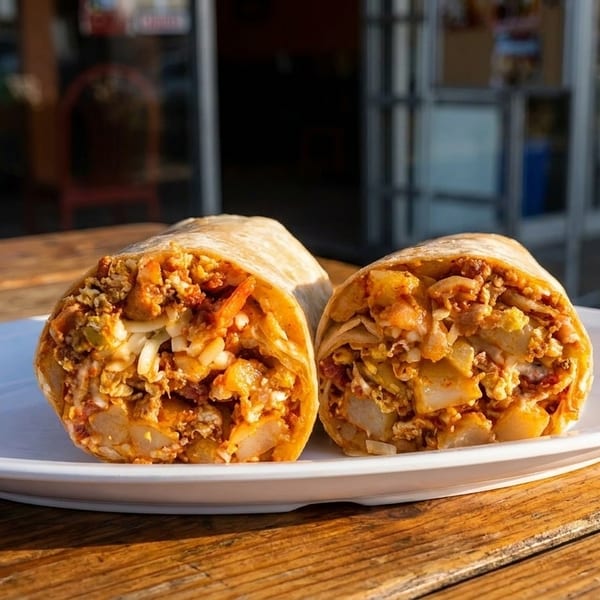 Two halves of a breakfast burrito filled with eggs, potatoes, and chorizo on a white plate.
