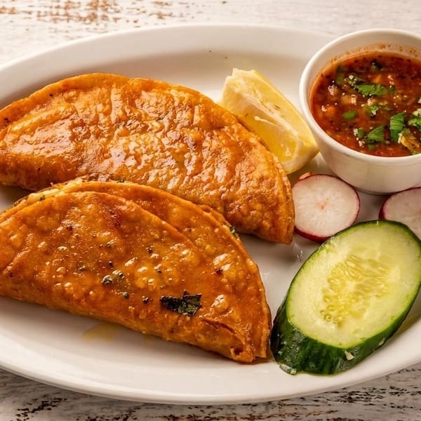 Two golden-brown fried tacos with a side of red salsa, lemon, cucumber, and radishes on a white plate.