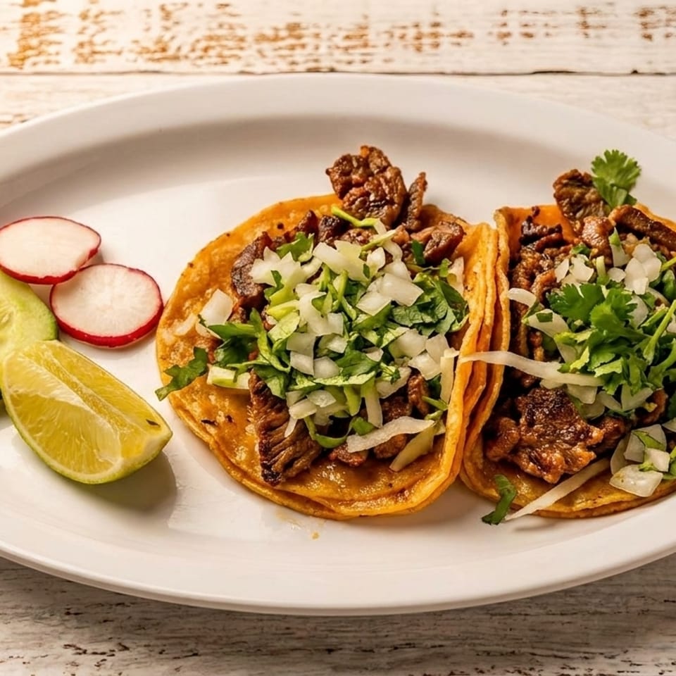 Two carne asada tacos with cilantro, onions, lime, cucumber, and radishes on a white plate.